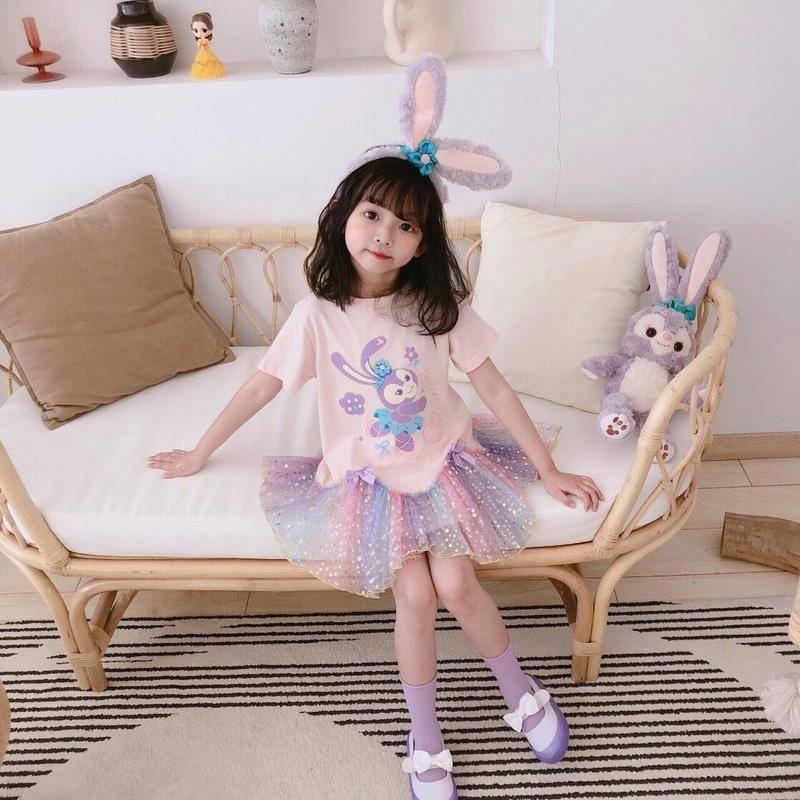 Đầm lưới cotton cổ tròn in hoạt hình phong cách phương Tây cho bé gái