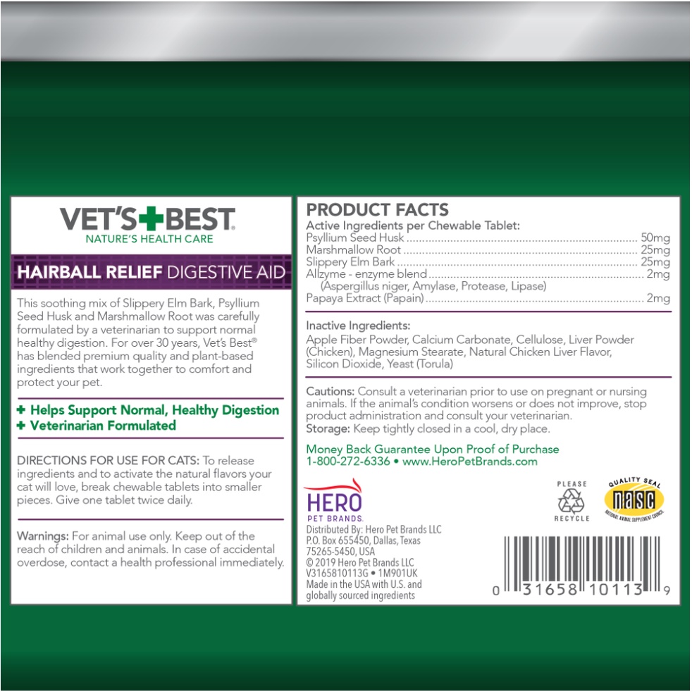 [USA] Viên nhai VET'S BEST hỗ trợ tiêu búi lông cho mèo 60 viên - Hairball Relief Digestive Aid