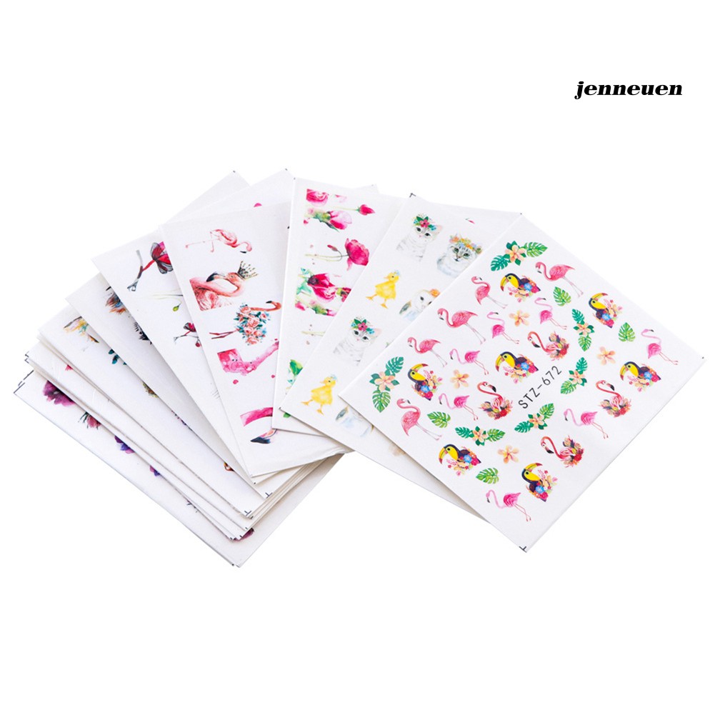 [Hàng mới về] Bộ 15 tờ miếng dán trang trí móng tay nghệ thuật chuyển nước họa tiết hoa và chim hồng hạc xinh xắn