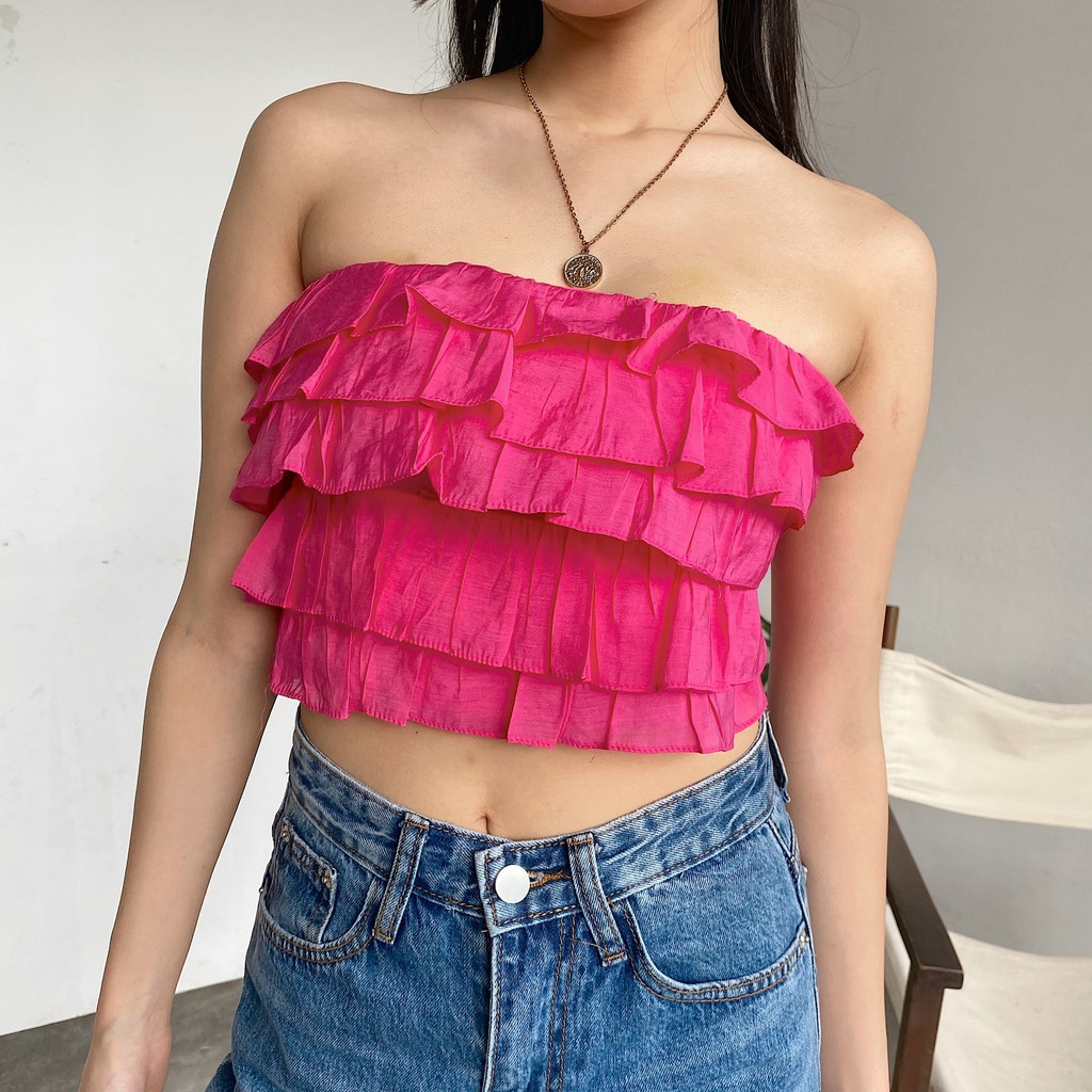 Áo croptop quây voan tơ xếp tầng kiểu Hàn Quốc Mia Ritta a2057 ảnh thật feedback