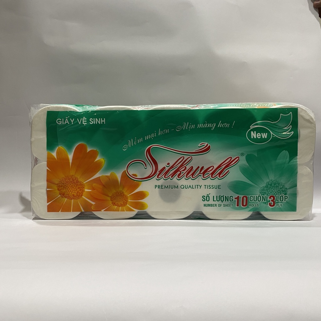 Giấy vệ sinh Silkwell Xanh ngọc 10 cuộn 3 lớp có lõi, siêu mềm mịn không tẩy trắng