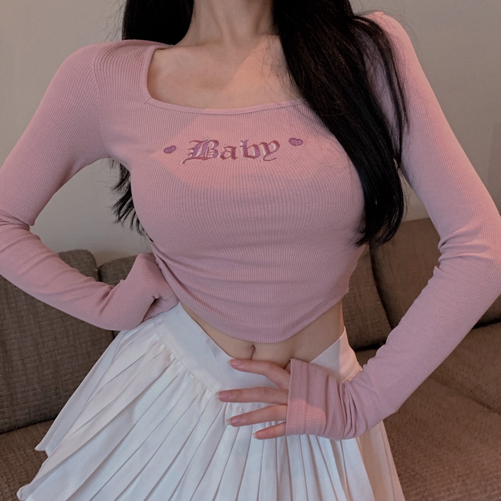 Áo thun tay dài cổ vuông dáng ôm thiết kế độc đáo thời trang cho nữ