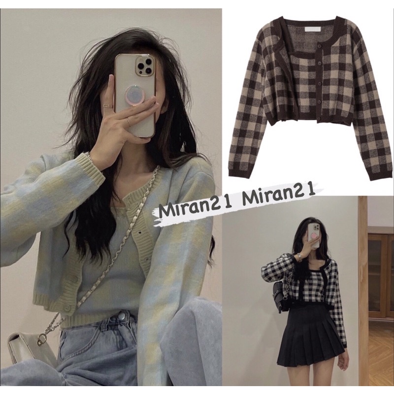 Set Len Áo Hai Dây Kẻ Ô Kèm Áo Khoác Cardigan