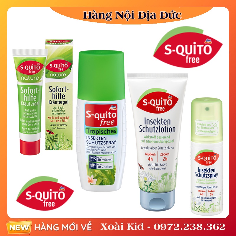 Bộ Kem bôi côn trùng đốt, Xịt chống muỗi,thanh lăn và gel bôi muỗi đốt Squito Free cho bé từ sơ sinh của Đức- Date mới