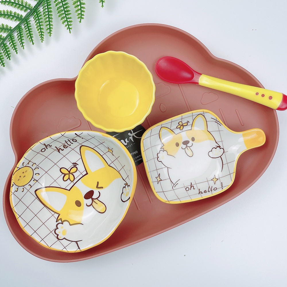 Bộ Bát Sứ Ăn Dặm Kiểu Nhật, Set Bát Ăn Dặm Gốm Sứ Kèm Khay Ăn Dặm Nhiều Hình Màu Đáng Yêu Cho Bé Tặng Kèm Thìa Báo Nóng