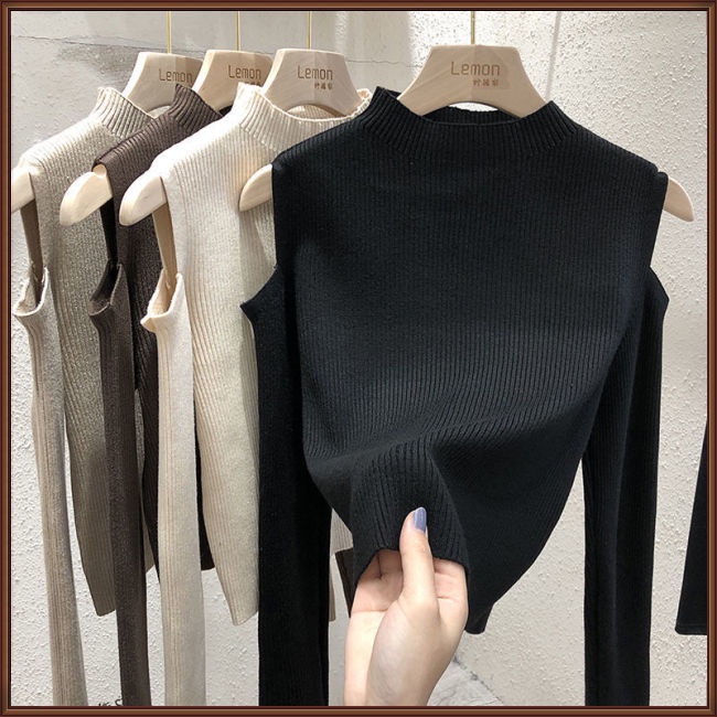 Áo Sweater Dệt Kim Tay Dài Hở Vai Màu Sắc Thanh Lịch Cho Nữ