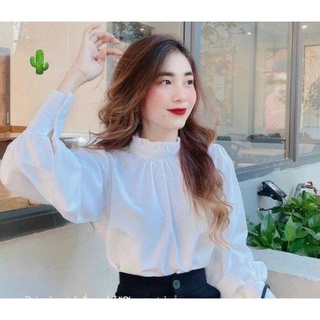 Áo sơ mi tiểu thư tay dài may díu cổ bánh bèo pc