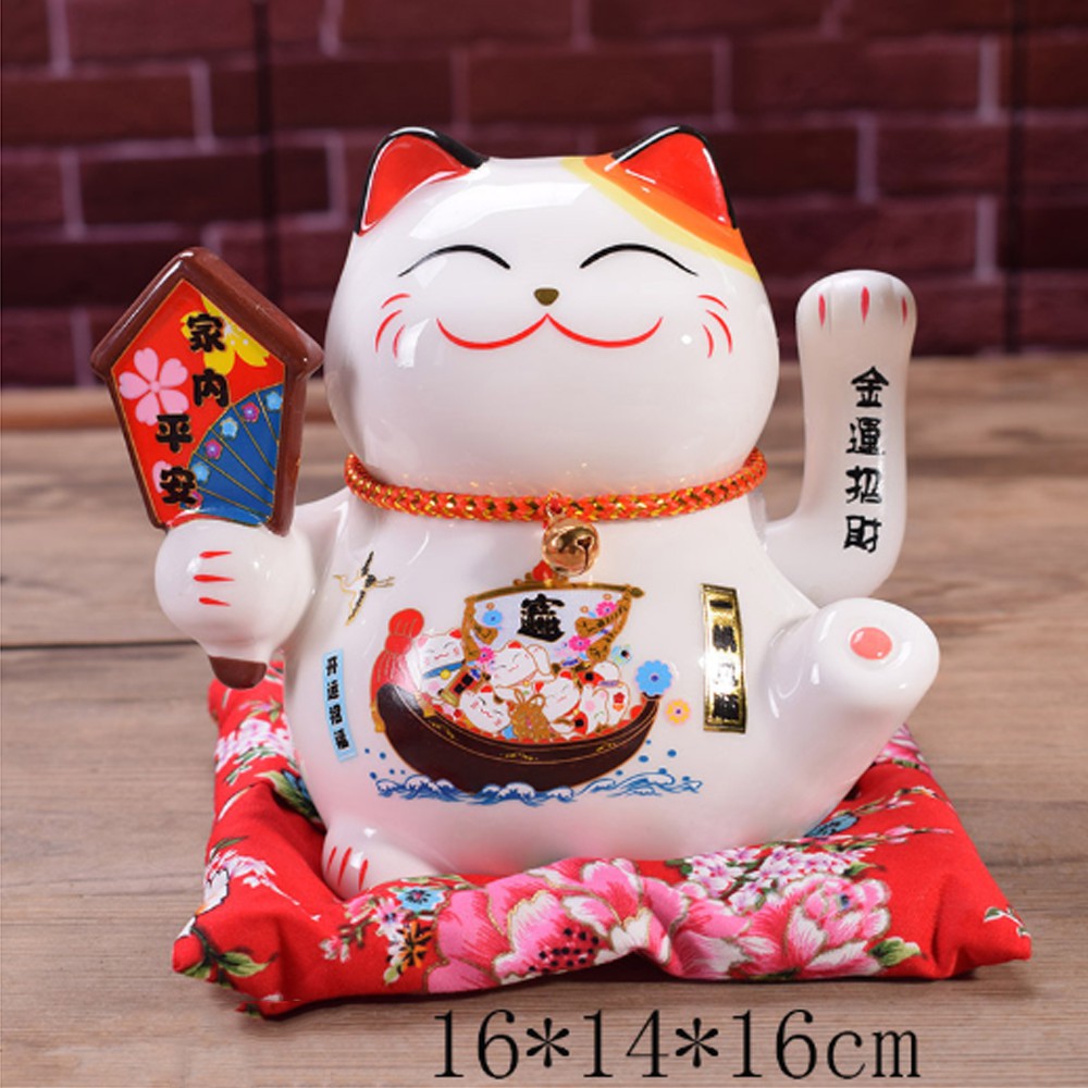 Mèo Thần Tài bằng sứ tay vẫy 16cm - thẻ bài may mắn đa phúc