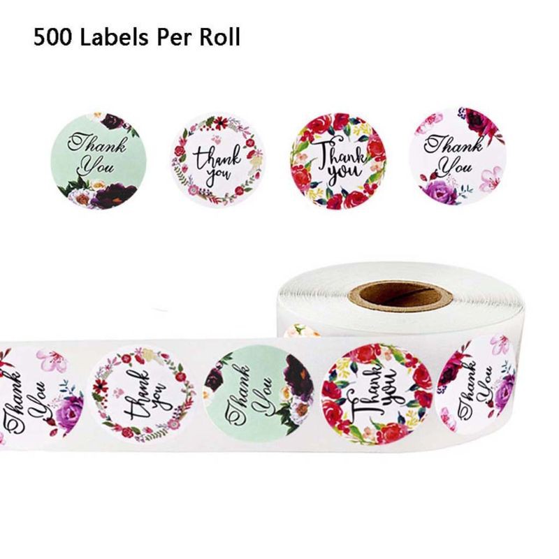 Cuộn 500 miếng dán in chữ Thank You họa tiết hoa 4/8 kiểu dùng trang trí đồ Handmade