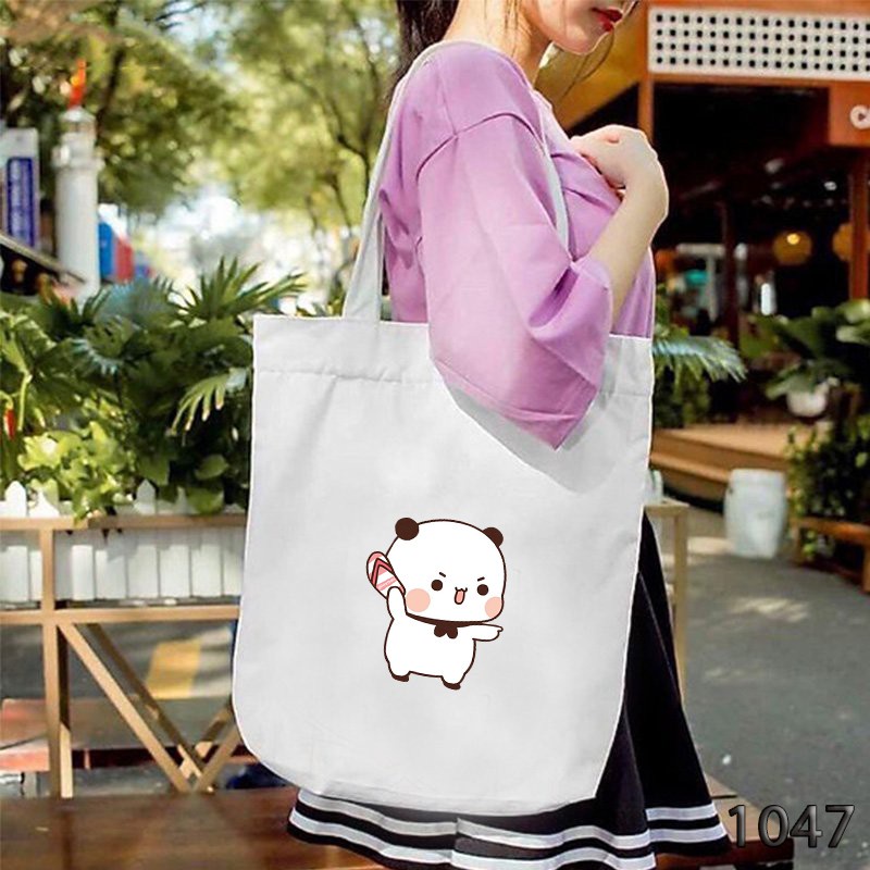 TÚI TOTE TRẮNG CHẤT VẢI CANVAS 1047 GẤU COI CHỪNG TUI DỄ THƯƠNG HÀNG CHUẨN ĐẸP