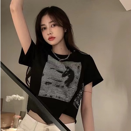 【WANG JIAO ZHAN】 Áo croptop thun tay ngắn thiết kế mới phong cách mùa hè thời trang nữ năng động【15】