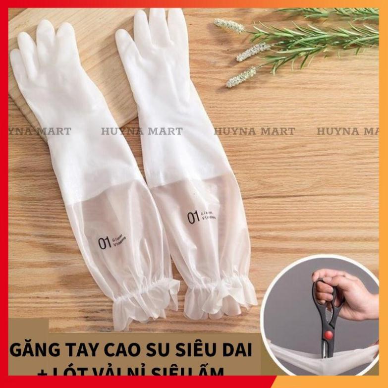 Găng tay rửa bát cao su lót nỉ loại dài siêu dai cổ hoa, có dây chun chống tuột