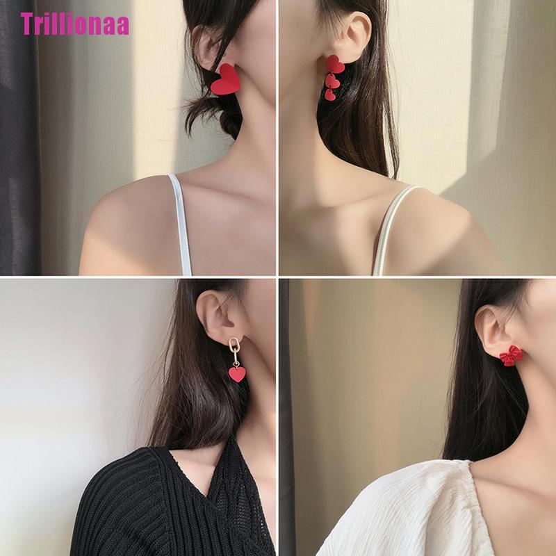 Bông Tai Hình Trái Tim Đính Nơ Đỏ Thời Trang Cho Nữ