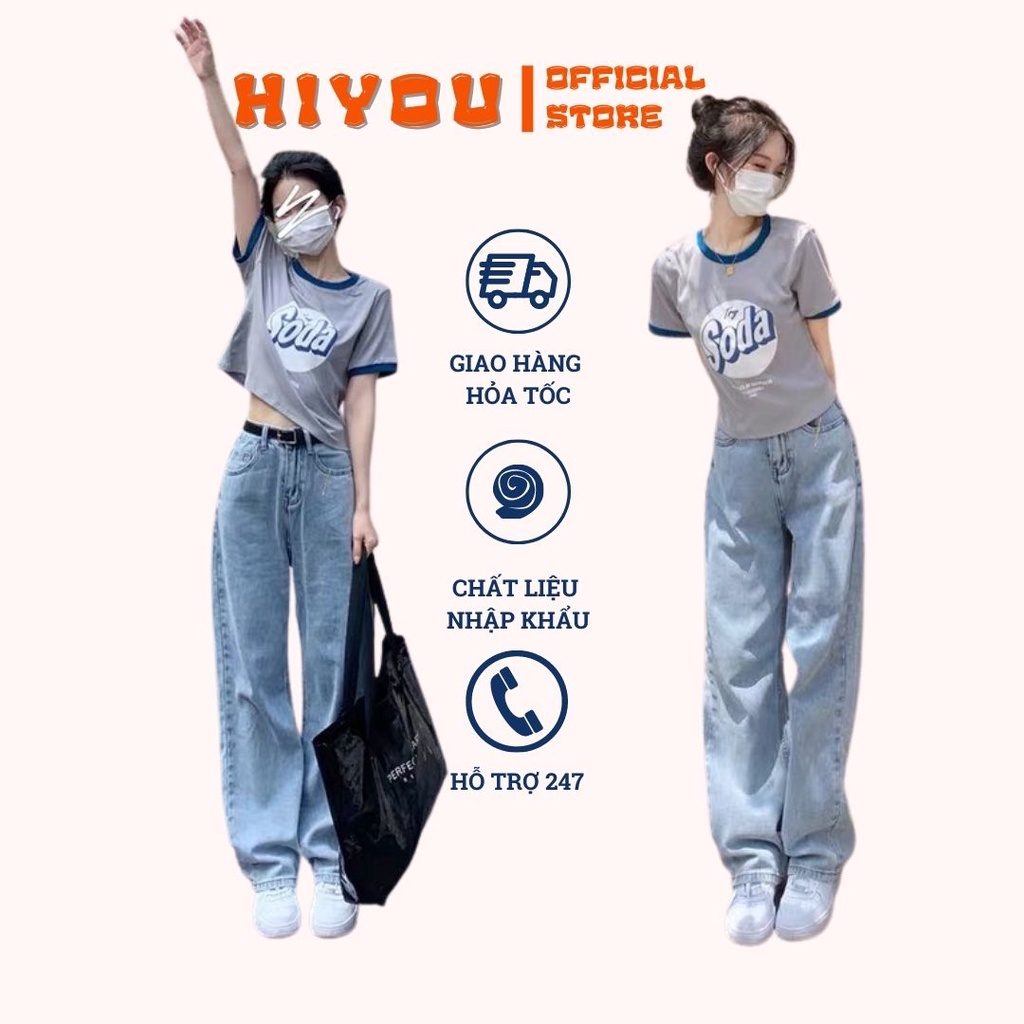 Quần jean nữ lưng cao ống suông,rộng Hiyou, Quần bò nữ lưng cao ống rộng style hàn quốc dáng suông hot 2022 TR01