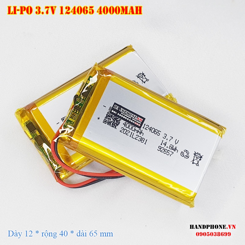 Pin Li-Po 3.7V 124065 4000mAh (Lithium Polyme) cho Loa Bluetooth, Điện Thoại, Máy Trắc Địa, Định Vị GPS, POS,Cửa Vân Tay