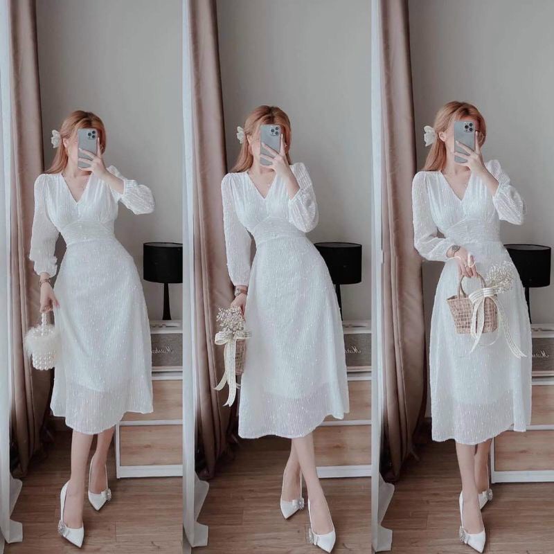 Váy nữ thiết kế dự tiệc, đầm ren thêu nhũ sang trọng quý phái