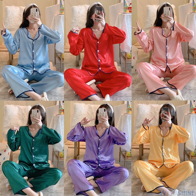 Set Đồ Ngủ Pijama Dài Tay Chất Phi Bóng Cho Nữ