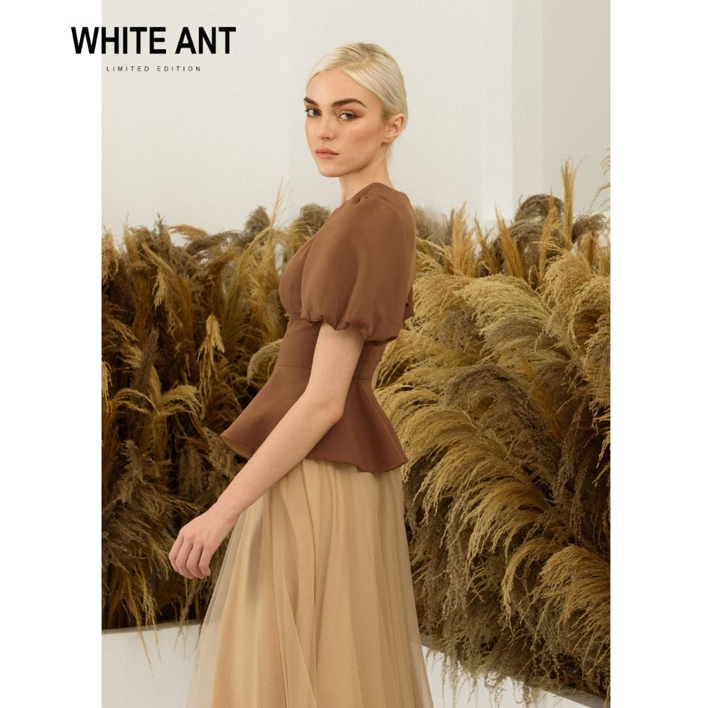 Áo peplum tay bồng nữ đai eo bọc da đi kèm White Ant