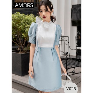 Đầm Thiết Kế Tafta Phối Voan Trắng Cổ Tròn Buộc Nơ Trắng Tay Bồng Đầm Dáng Ôm Dự Tiêc - Xanh Biển Và Hồng Sen AMORS V025