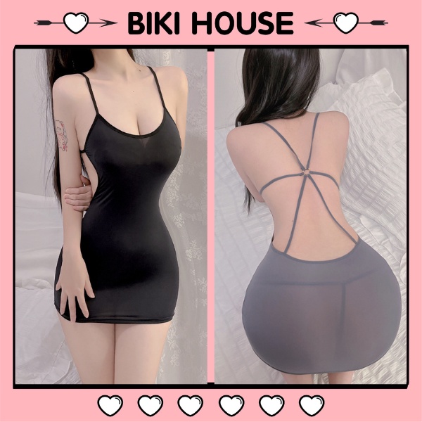 Đầm ngủ sexy ôm body hở lưng gợi cảm váy ngủ 2 dây đan chéo lưng đen xám quyến rũ BIKI HOUSE N107 - HCM - Hỏa Tốc