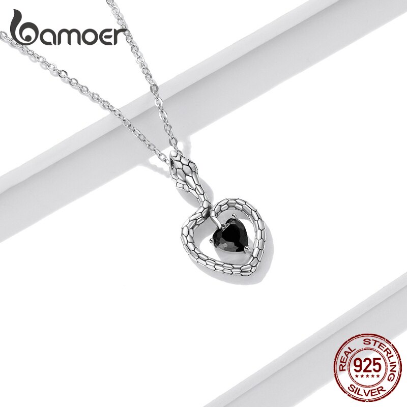 Dây chuyền BAMOER BSN233 bạc 925 mặt hình rắn đính trái tim đá quý màu đen dài 45cm có thể điều chỉnh cho nữ