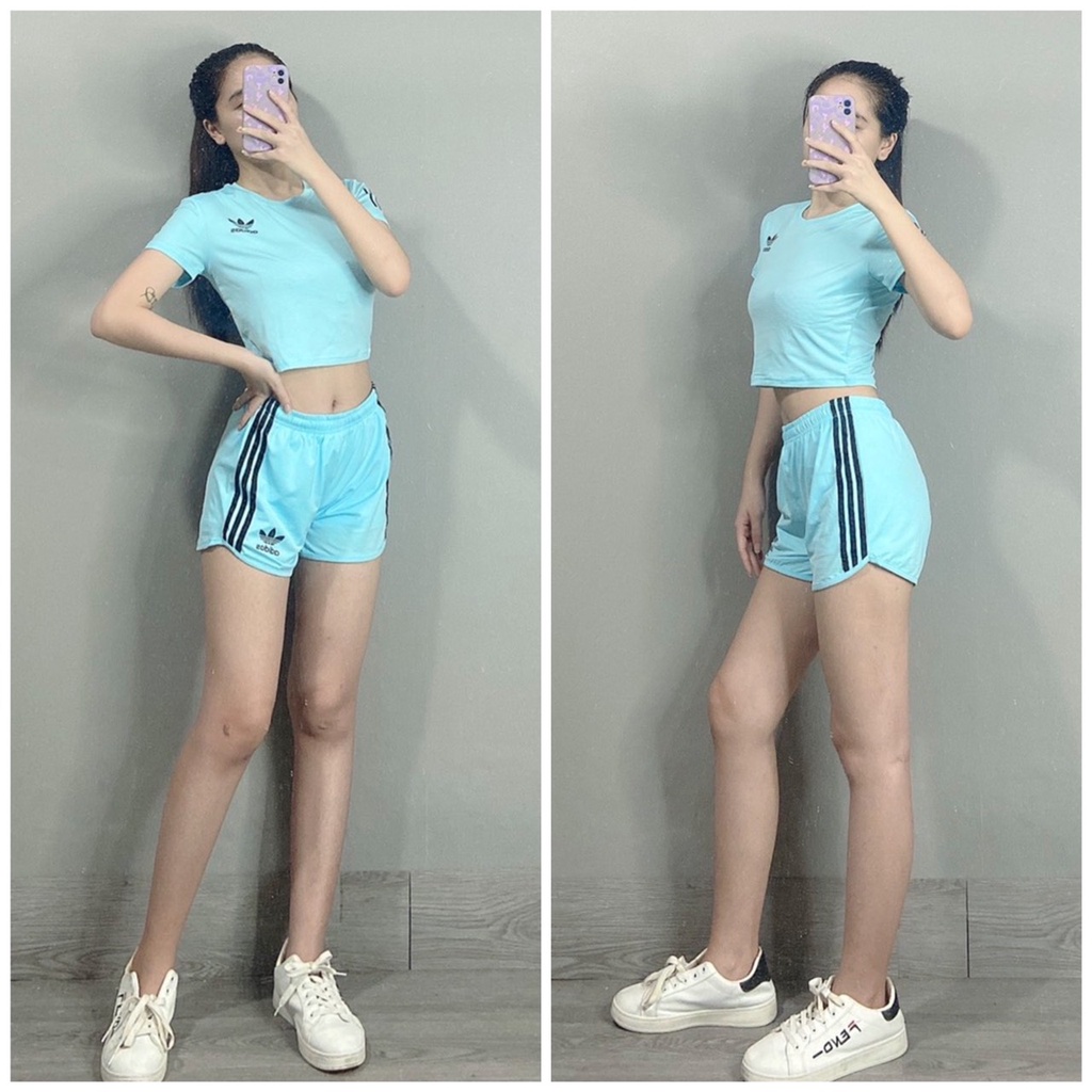 Bộ Đồ Tập Thể Thao Gym, Chạy Bộ Nữ Quần Đùi 2 Lớp - Áo Croptop 3 Sọc BTL2