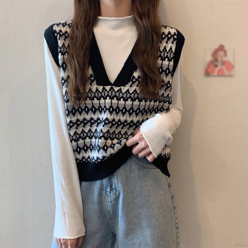 Áo len không tay cổ chữ v họa tiết sọc caro phong cách retro hàn quốc | BigBuy360 - bigbuy360.vn