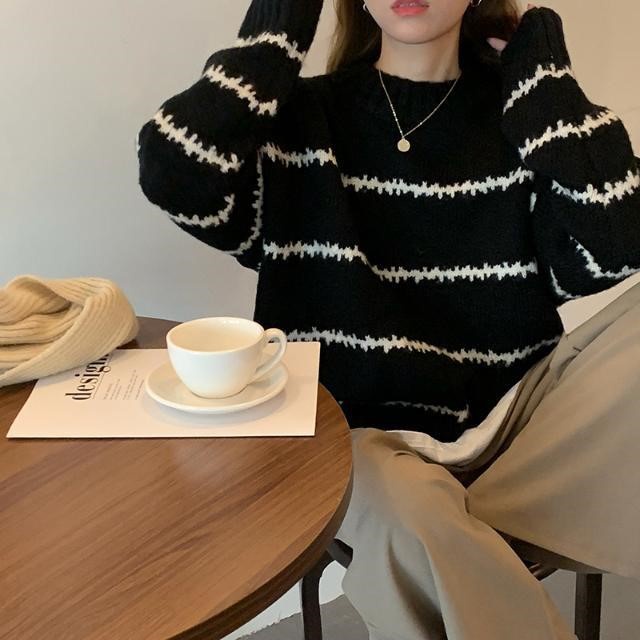 Áo sweater dệt kim tay dài cổ tròn kẻ sọc màu sắc tương phản phong cách Hàn Quốc thời trang dành cho nữ