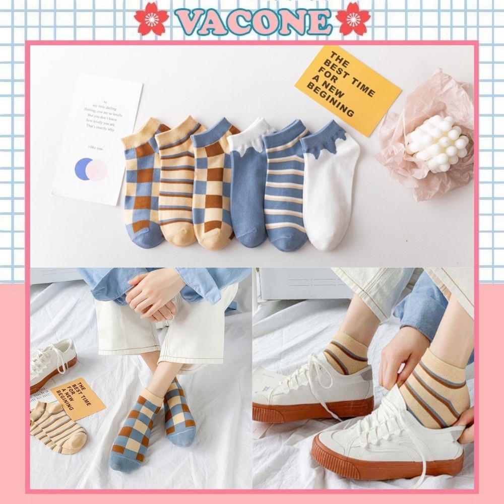 Tất cổ ngắn Vacone vớ nữ họa tiết caro sọc kẻ Hàn Quốc cực xinh TN59