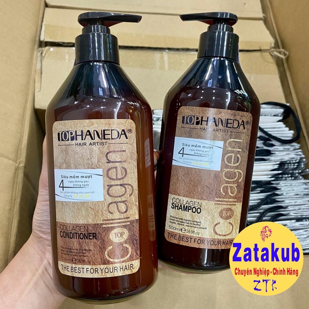 Cặp dầu gội xả phục hồi tóc hư tổn Haneda Collagen 500ml x2
