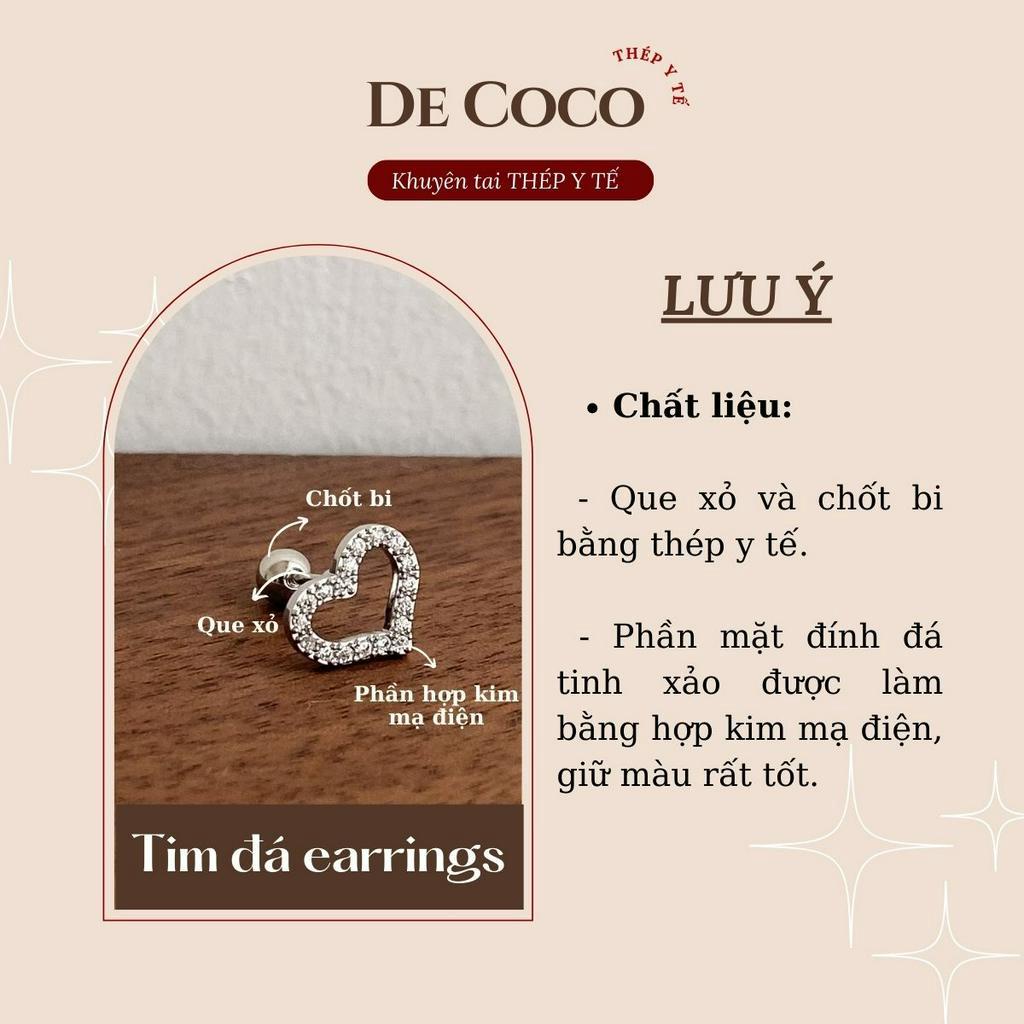 Khuyên tai nữ De Coco Tim đính đá thép y tế