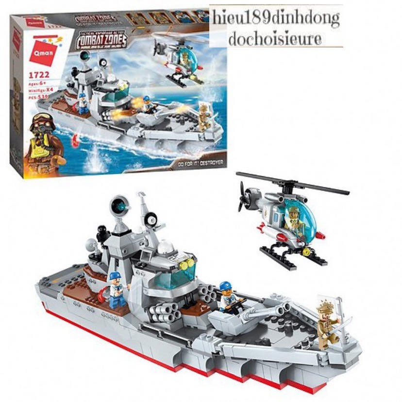 Lắp ráp xếp hình Lego chính hãng qman 1722 : Tàu chiến của quân đội và trực thăng dẫn đường (ảnh thật)