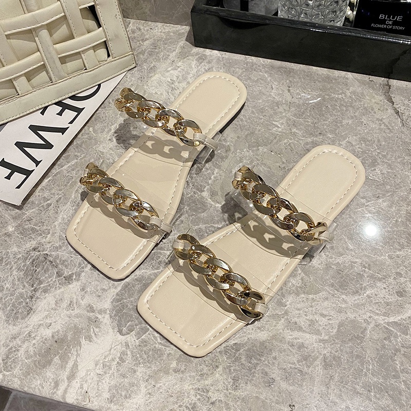 IELGY Dép nữ đế bệt chống trượt quai trong suốt phối chuỗi xích kim loại thời trang mùa hè dễ phối đồ
