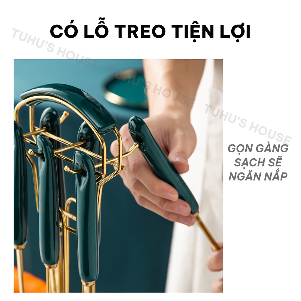 Bộ dụng cụ nhà bếp nấu ăn 7 món màu xanh cổ vịt mạ vàng cao cấp, cán sứ sang trọng chắc chắn – TUHUHOUSE