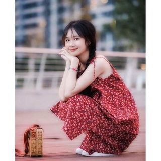 Mẫu mới -  VÁY HOA ĐỎ 2 DÂY VINTAGE - ĐẦM MAXI TIỂU THƯ HOA NHÍ THẮT NƠ MÀU ĐỎ HOT