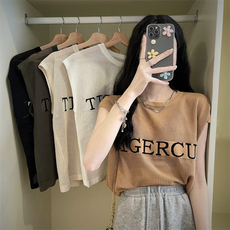 Áo lưới len Montoghi dệt kim tay hến cổ tròn TIGERCUB Quảng Châu xinh xắn