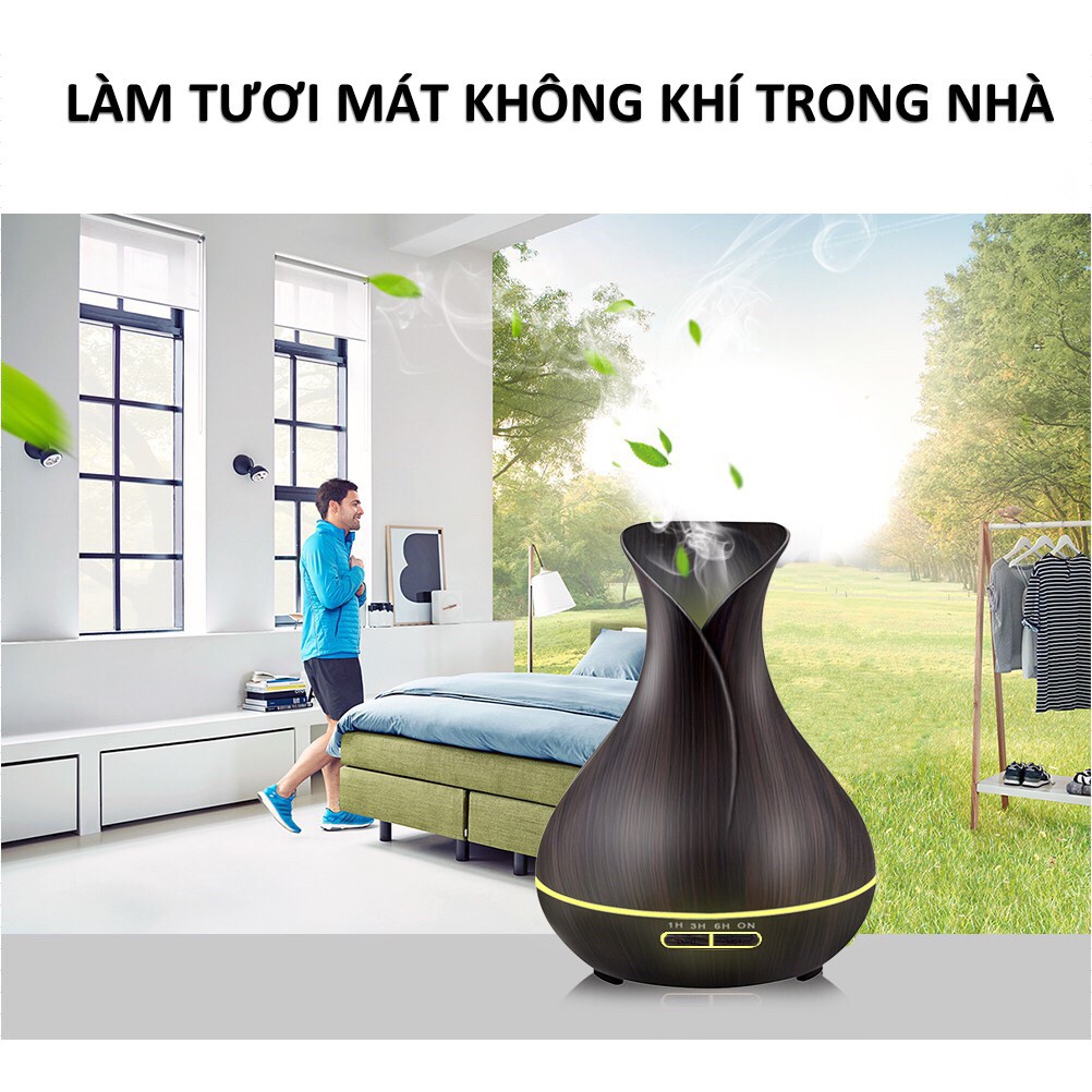 Máy xông tinh dầu HN103TL bình hoa vỏ giả gỗ - Có REMOTE điều khiển kèm 2 lọ tinh dầu 10ml | Hương Nguyên Oil