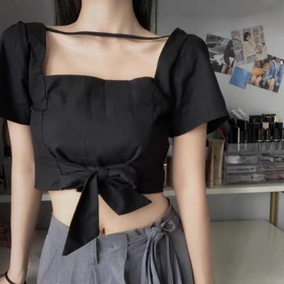 Áo Croptop Nữ Tay Ngắn Cổ Vuông Duyên Dáng Đáng Yêu Phong Cách Retro