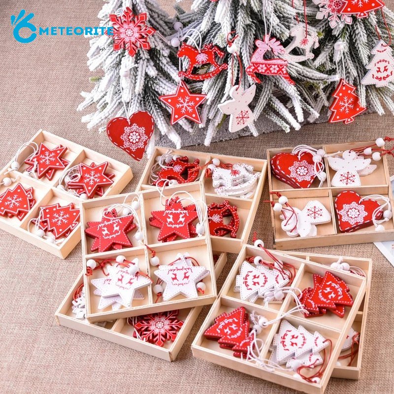 Bộ 12 Ngôi Sao / Bông Tuyết / Tuần Lộc Mini Bằng Gỗ Thủ Công Treo Trang Trí Giáng Sinh