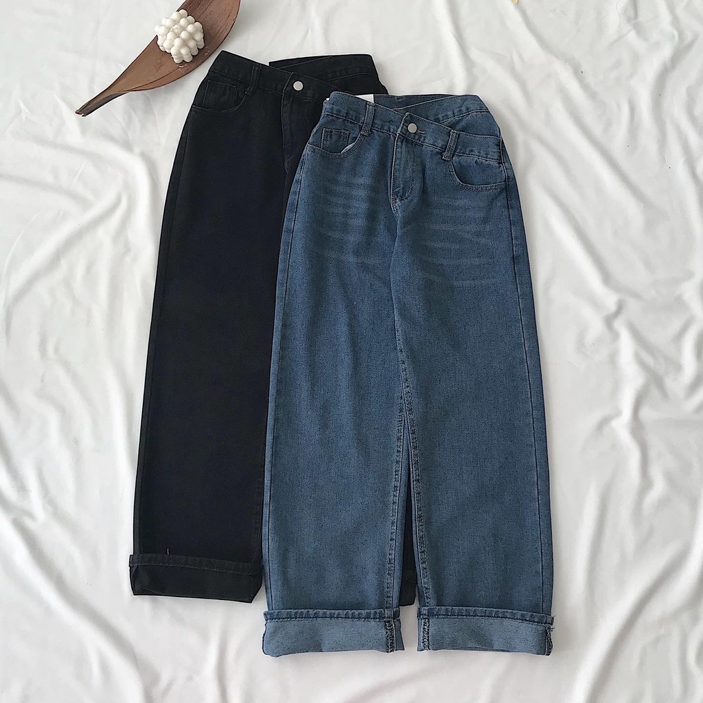 Quần Jeans Nữ Ống Suông Cạp Đỉa JEM CLOSET Quần Baggy SEFAN Có Hai Màu Xanh Và Đen Chất Dày Dặn Dễ Mix Đồ - 2805