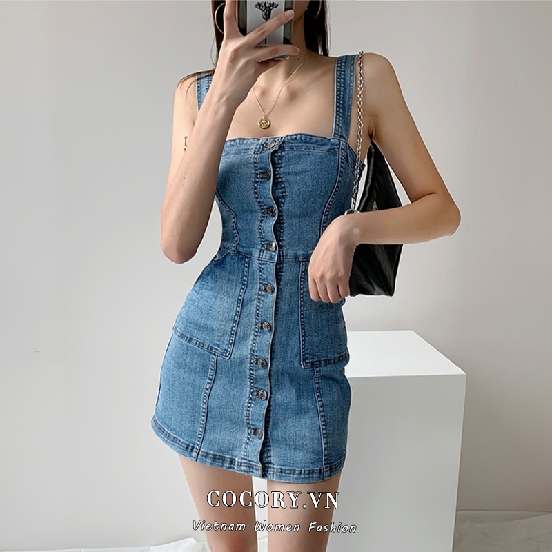 Đầm yếm denim hai dây dáng chữ A lưng cao phong cách retro thời trang cho nữ