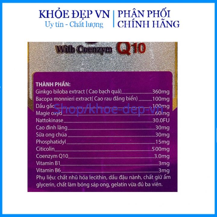 Hoạt huyết tăng cường trí nhớ Gingo Natto With Coenzym Q10 giảm đau đầu, hoa mắt, chóng mặt – Hộp 60 viên