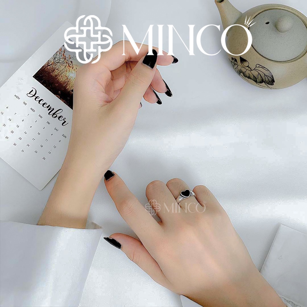 Nhẫn nữ Black Heart Minco Accessories thiết kế free size đính đá đen hình trái tim phong cách cá tính NT102-7