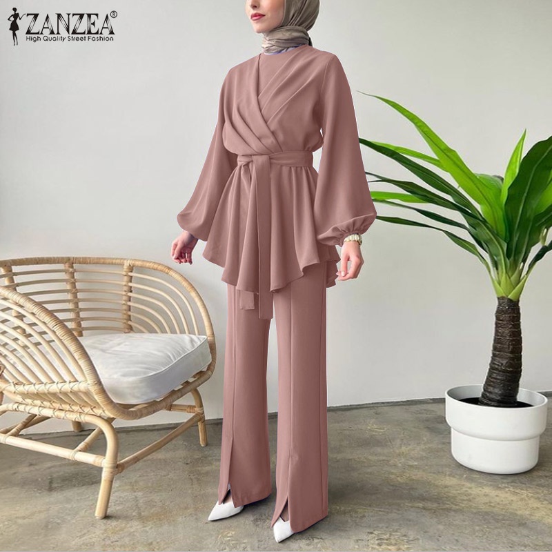 Set trang phục ZANZEA áo kiểu tay dài và quần dài ống loe thời trang dành cho nữ