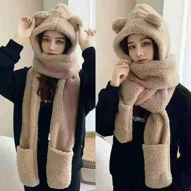 KHĂN MŨ GẤU KÈM BAO TAY BÔNG XÌ TEEN,KHĂN BÔNG KÈM MŨ TAI GẤU VÀ BAO TAY CỰC ẤM