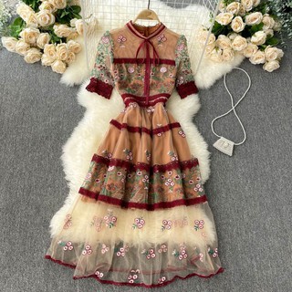 [ORDER] ĐẦM REN LƯỚI THÊU HOA CỘT NƠ