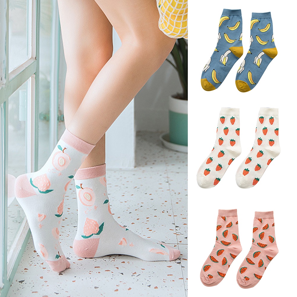 Tất Cotton Cổ Cao Thoáng Khí In Họa Tiết Trái Bơ Dễ Thương Cho Nữ