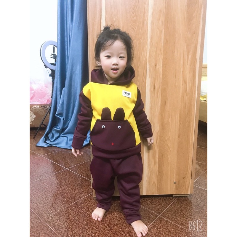 Bộ Nỉ Bông Có Mũ Kèm Túi Tai Thỏ Cho Bé 7-18kg Dày Dặn Cực Ấm