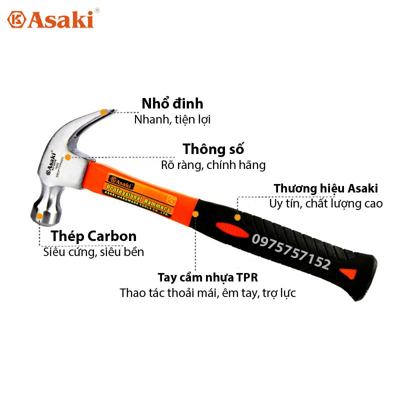 Búa nhổ đinh, búa đóng đinh đa năng Asaki AK-9545 8oz/ 380g, thép Carbon siêu cứng, tay nhựa TPR trợ lực, độ ổn định cao