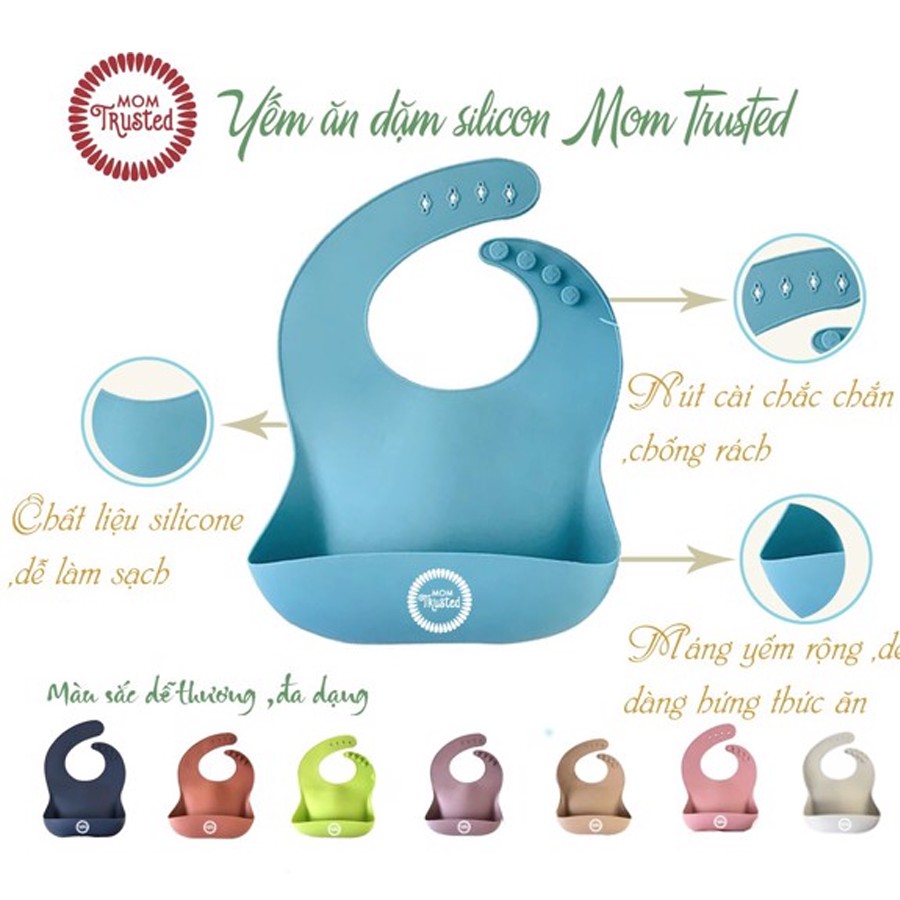 Yếm Máng Ăn Dặm MOM TRUSTED Cho Bé Chất Liệu Silicone Nhiều Màu Thiết Kế 4 Nút Điều Chỉnh